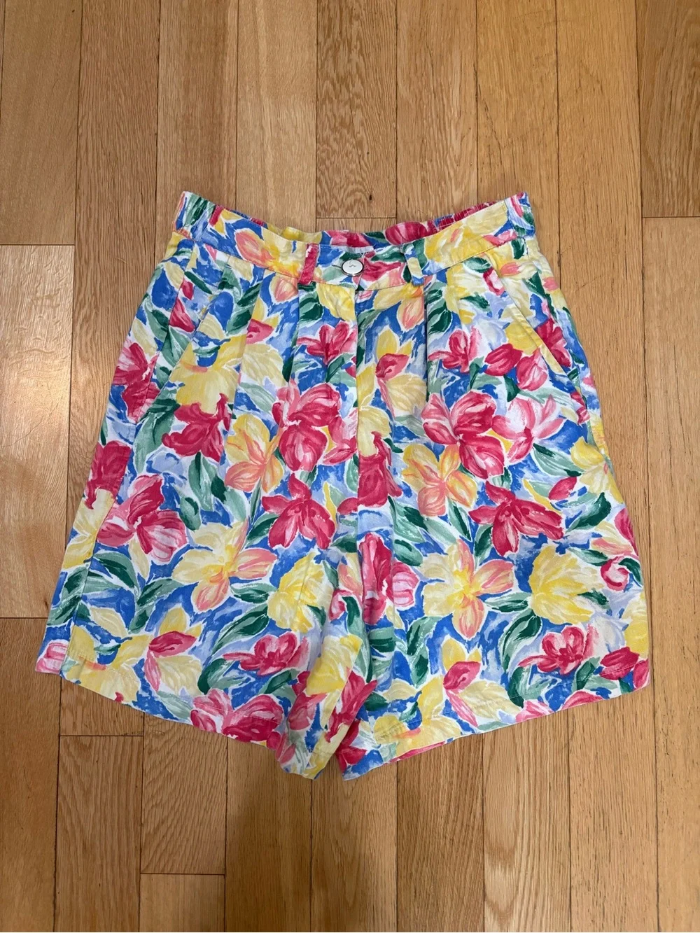 Vtg 90s Eastbrook High Waisted Cotton Pleated Tropical Floral Shorts Retro 4